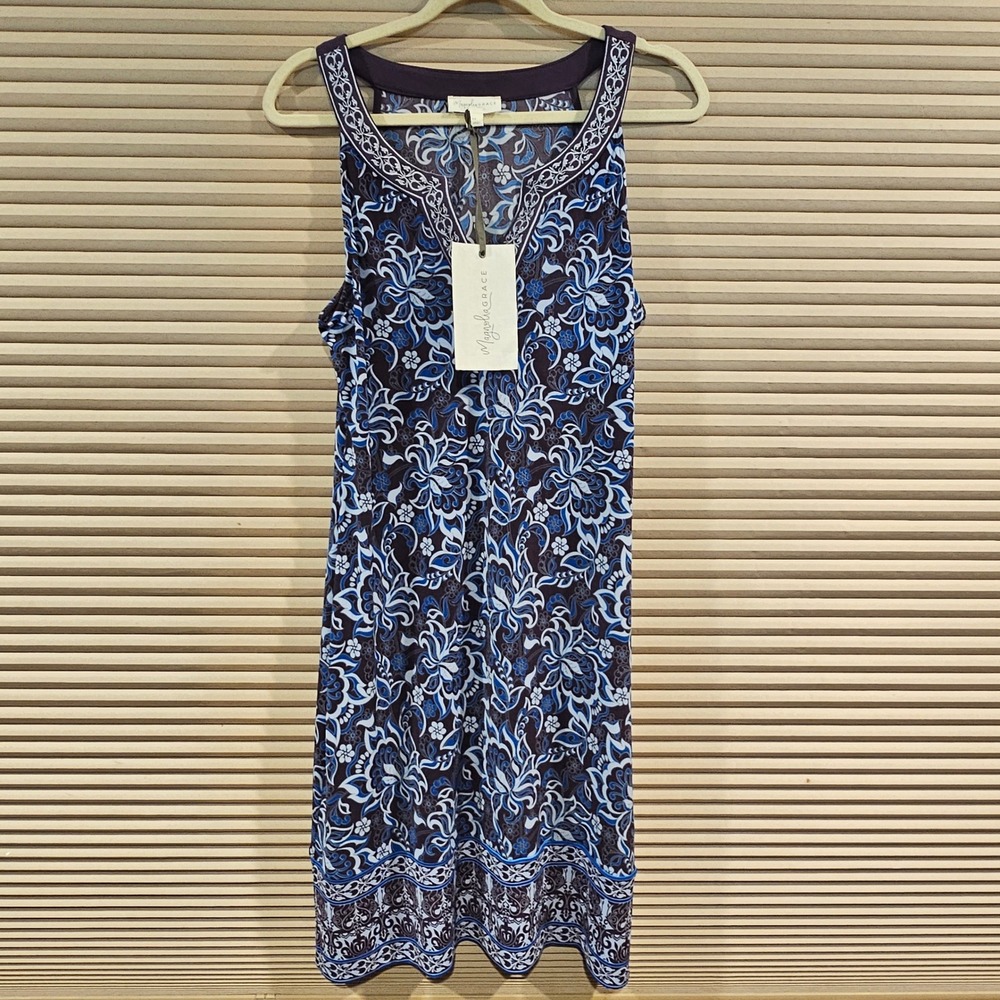 Magnolia Grace Blue Purple Floral‎ Paisley Embroidered Shift Dress Womens M NWT